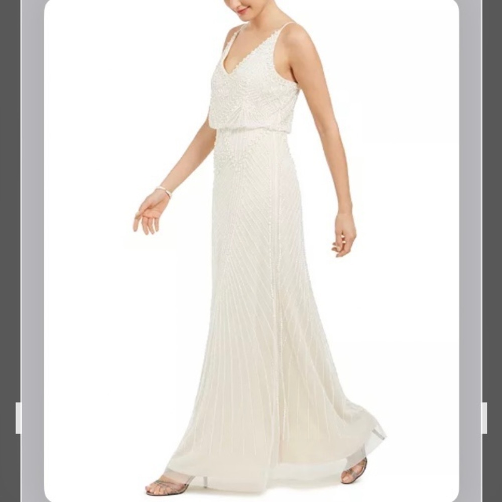 ADRIANNA PAPELL Imitation Pearl Bead Embellished Blouson Gown in Ivory Size 10 - Picture 3 of 7